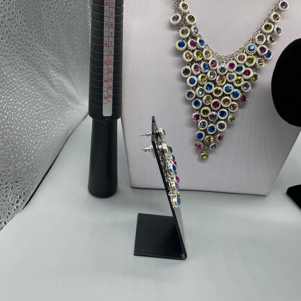 Multi Color Rhinestone Silver Tone Statement Jewelry Set Necklace Bracelet Ring - Picture 7 of 14